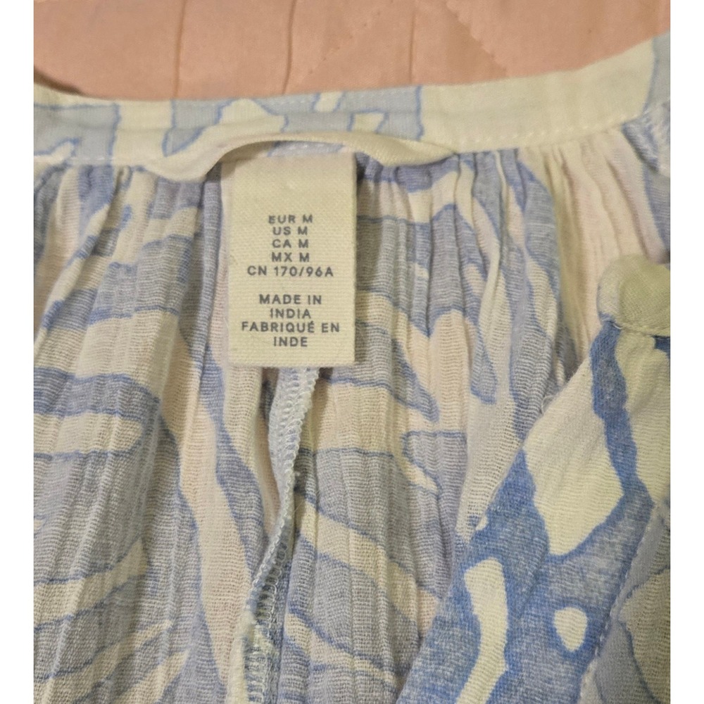 H&M Blue White Abstract Print Cotton Linen Tunic Top Oversized Blouse Medium - Picture 4 of 7